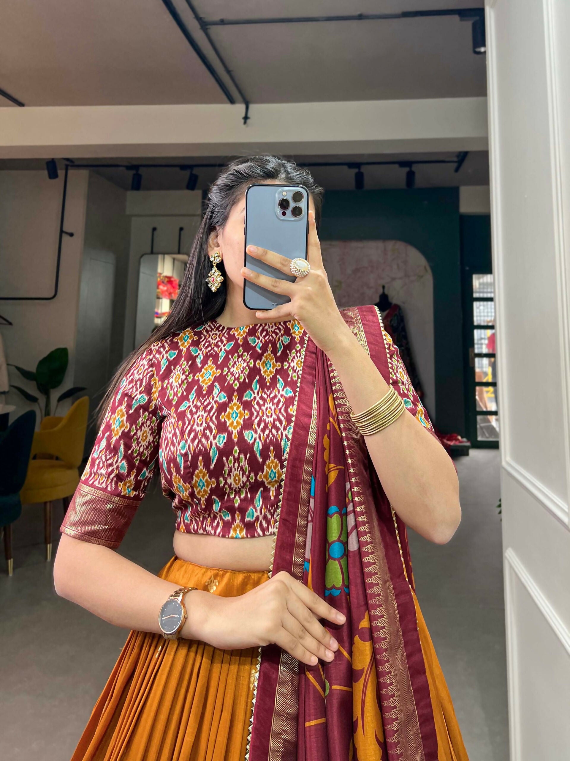 Vastranavya Stunning Look Tussar Silk Printed With Foil Work Indian Lehenga Choli - Mustard - Distacart