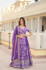 Thumbnail for Vastranavya Designer Dyeable Pure Viscose Jacquard Fabric Lehenga Choli & Dupatta Set - Purple - Distacart