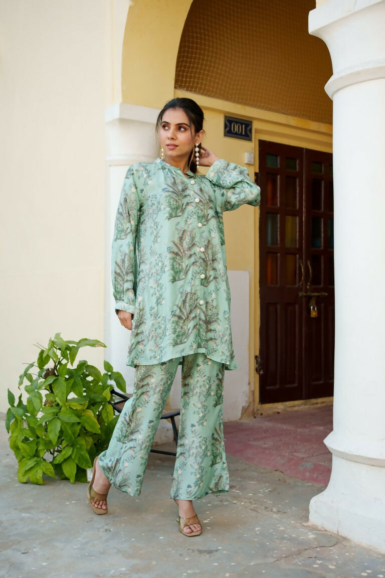 Vaasva Women Sky Blue Muslin Embroidered Shirt & Pant Set - Distacart