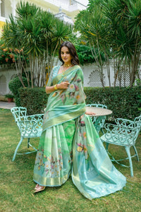 Thumbnail for Aastha Fashion Sea Green Digital Printed Cotton Saree with Blouse - Distacart