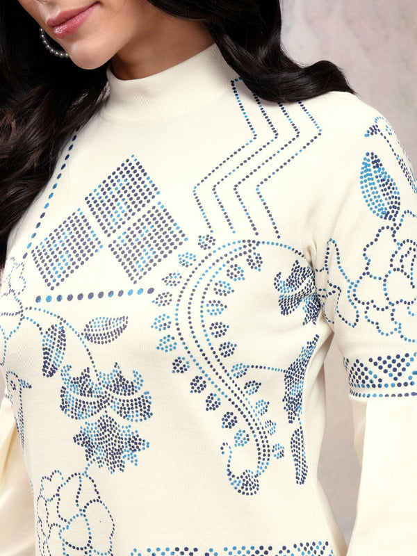 Vishudh Off-White Geometric Printed Regular Puff Sleeves Kurta - Distacart