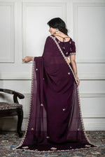 Thumbnail for Morchari Wine Chiffon Hand Embroidery Saree And Stitched Blouse