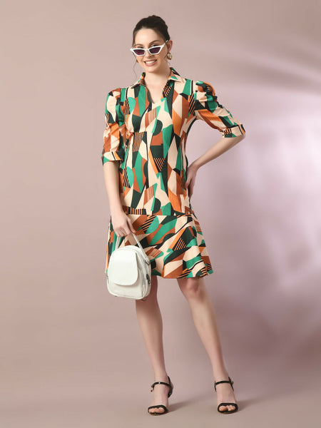 Myshka Women's Multi Printed Shirt Collar Fit and Flare Party Dress - Distacart