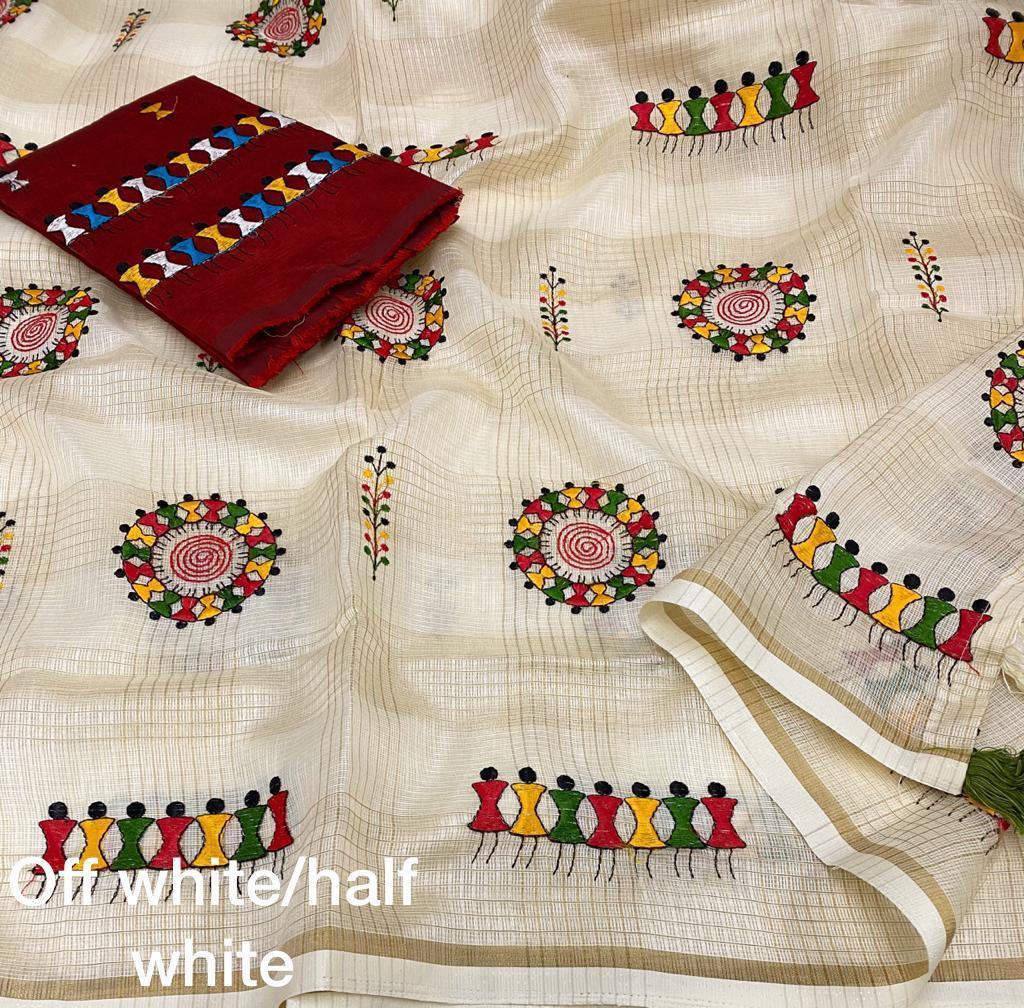 Cream Cotton Blend Warli Saree with Unstitched Blouse - A2M