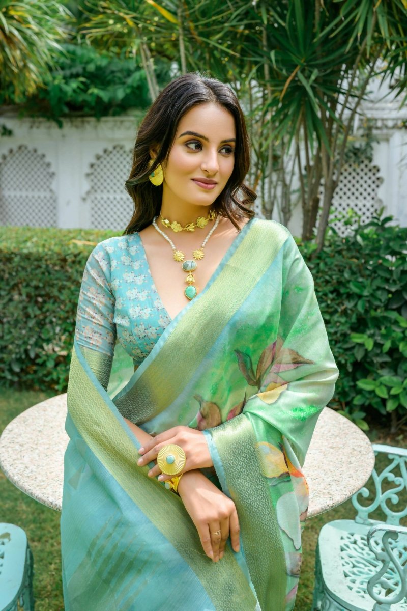 Aastha Fashion Sea Green Digital Printed Cotton Saree with Blouse - Distacart