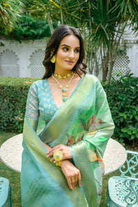 Thumbnail for Aastha Fashion Sea Green Digital Printed Cotton Saree with Blouse - Distacart