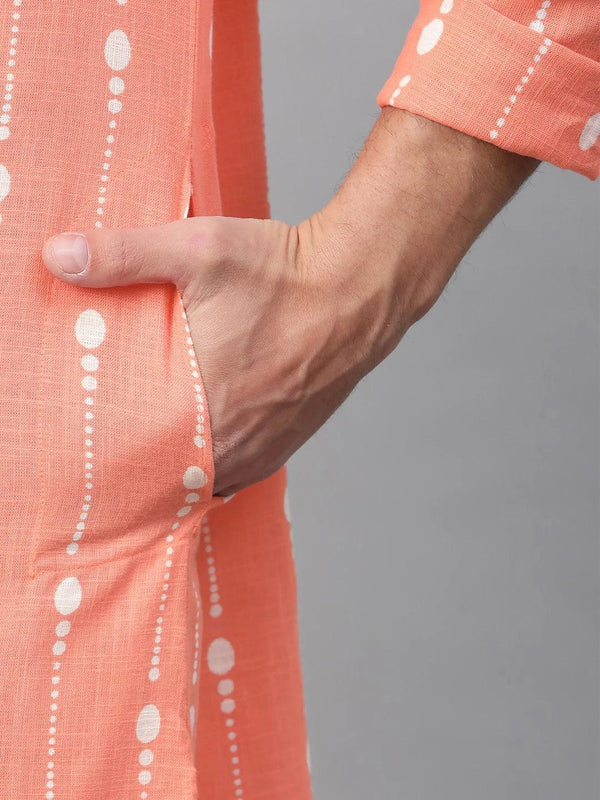 Fabmade Peach & White Printed Straight Kurta With Pyjama For Men - Distacart