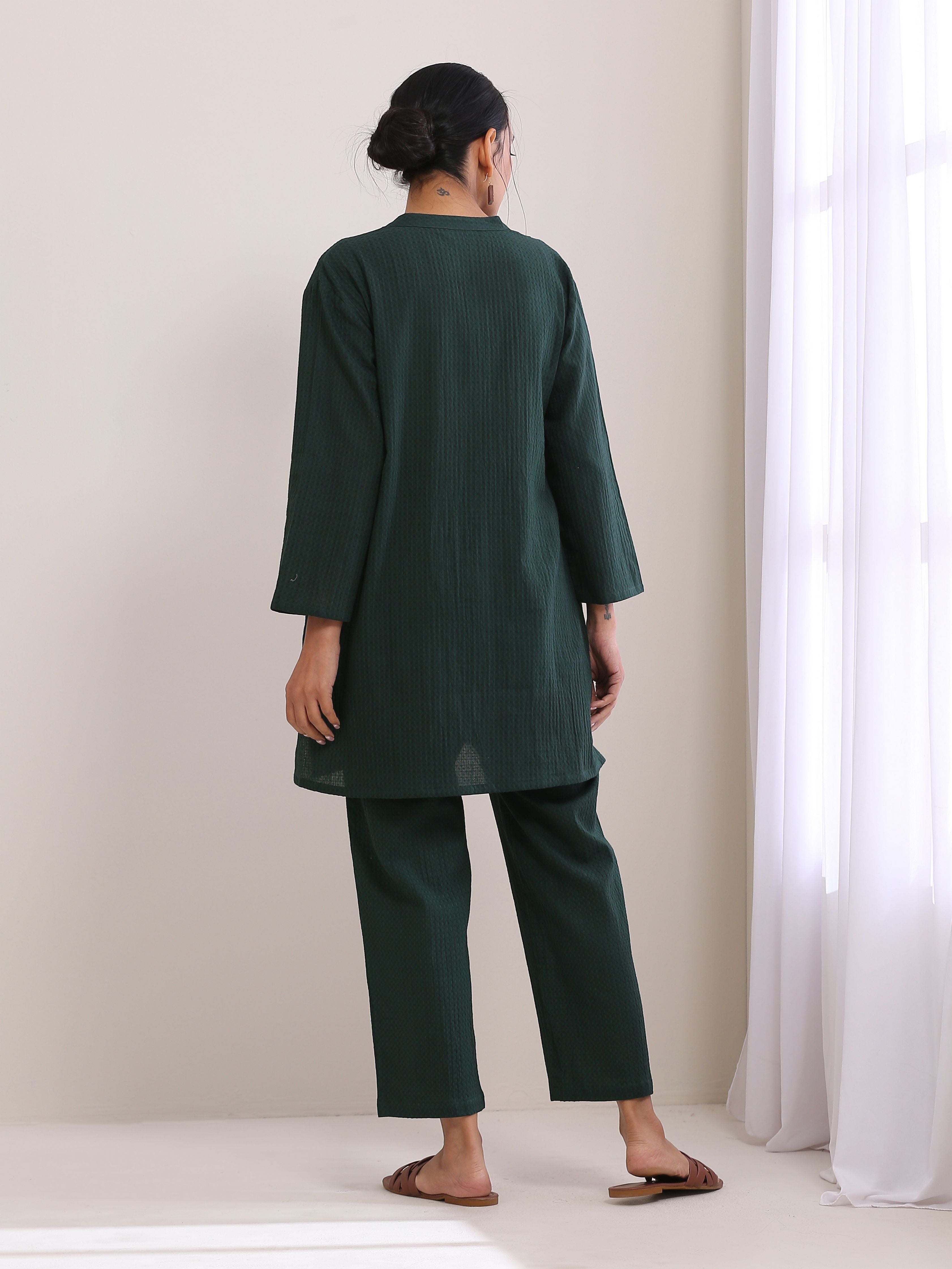 trueBrowns Dark Green Dobby Relaxed Fit Co-Ord Set - Distacart