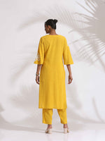Thumbnail for trueBrowns Yellow Cotton Slub Embroidered Straight Kurta Set - Distacart