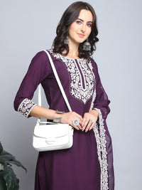 Thumbnail for Indian Fashion Women Wine Embroidery silk Kurta, Pant And Dupatta Set