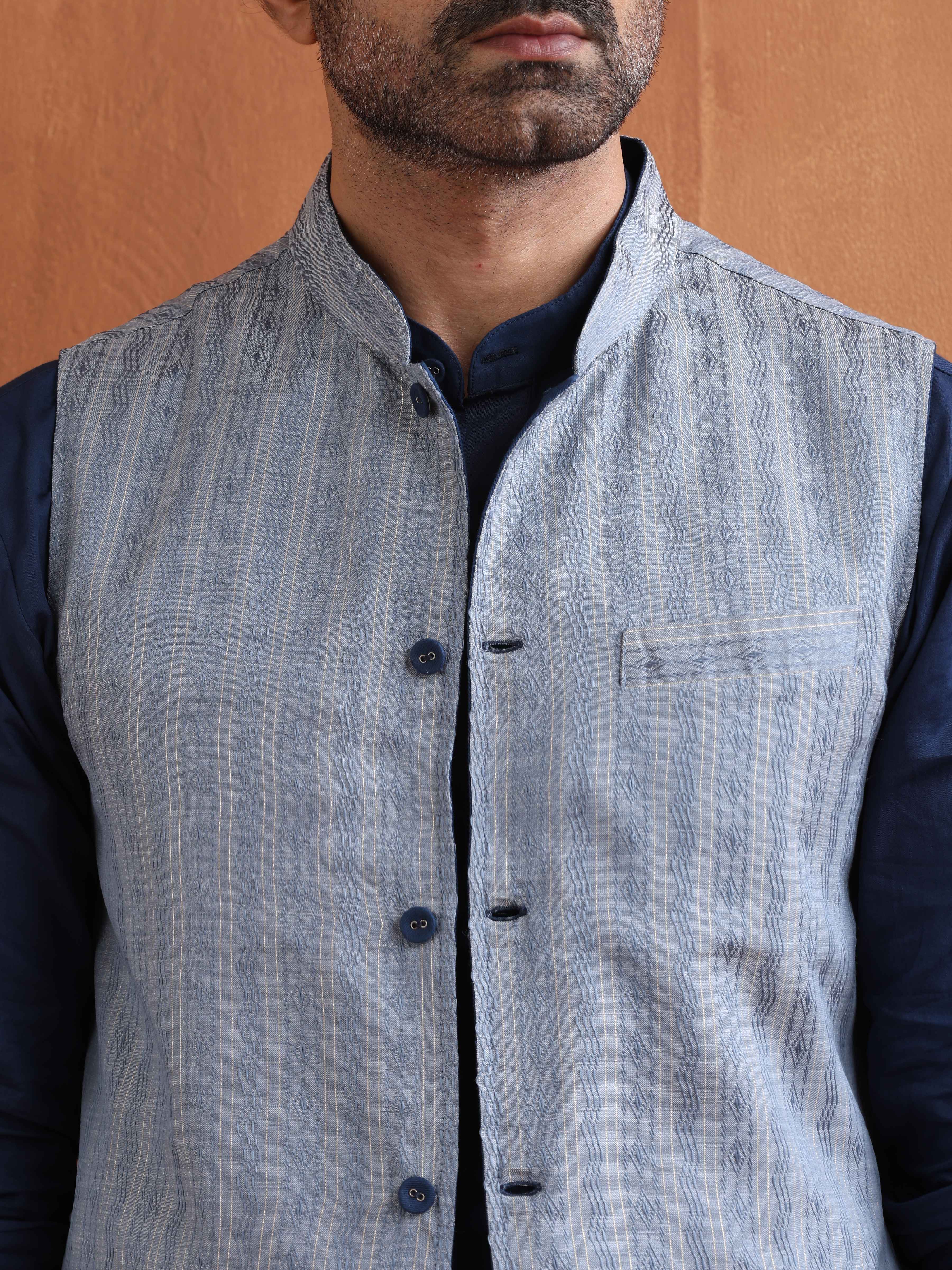 trueBrowns Men's Blue Chanderi Reversible Nehru Jacket - Distacart