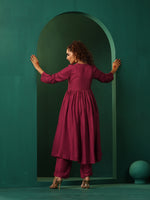 Thumbnail for trueBrowns Maroon Silk Angrakha Kurta Pant Set - Distacart