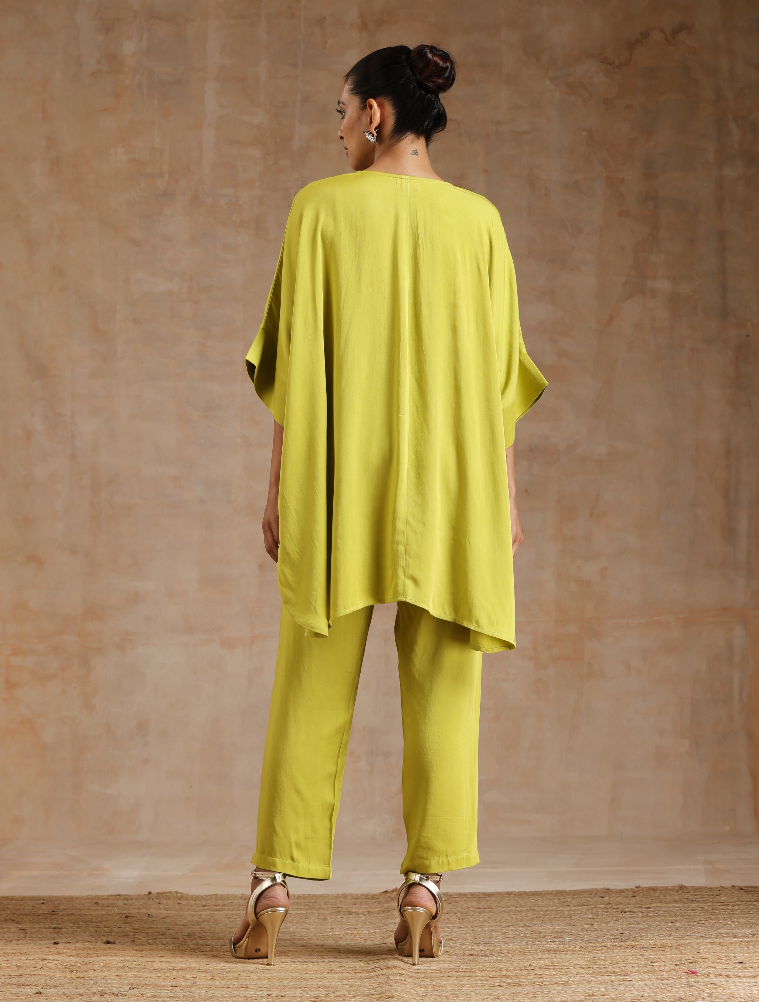 trueBrowns Lime Modal Satin Boxy Fit High-Low Co-Ord Set - Distacart