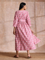 Thumbnail for trueBrowns Pink Overall Floral Block Print Cotton Wrap Dress - Distacart