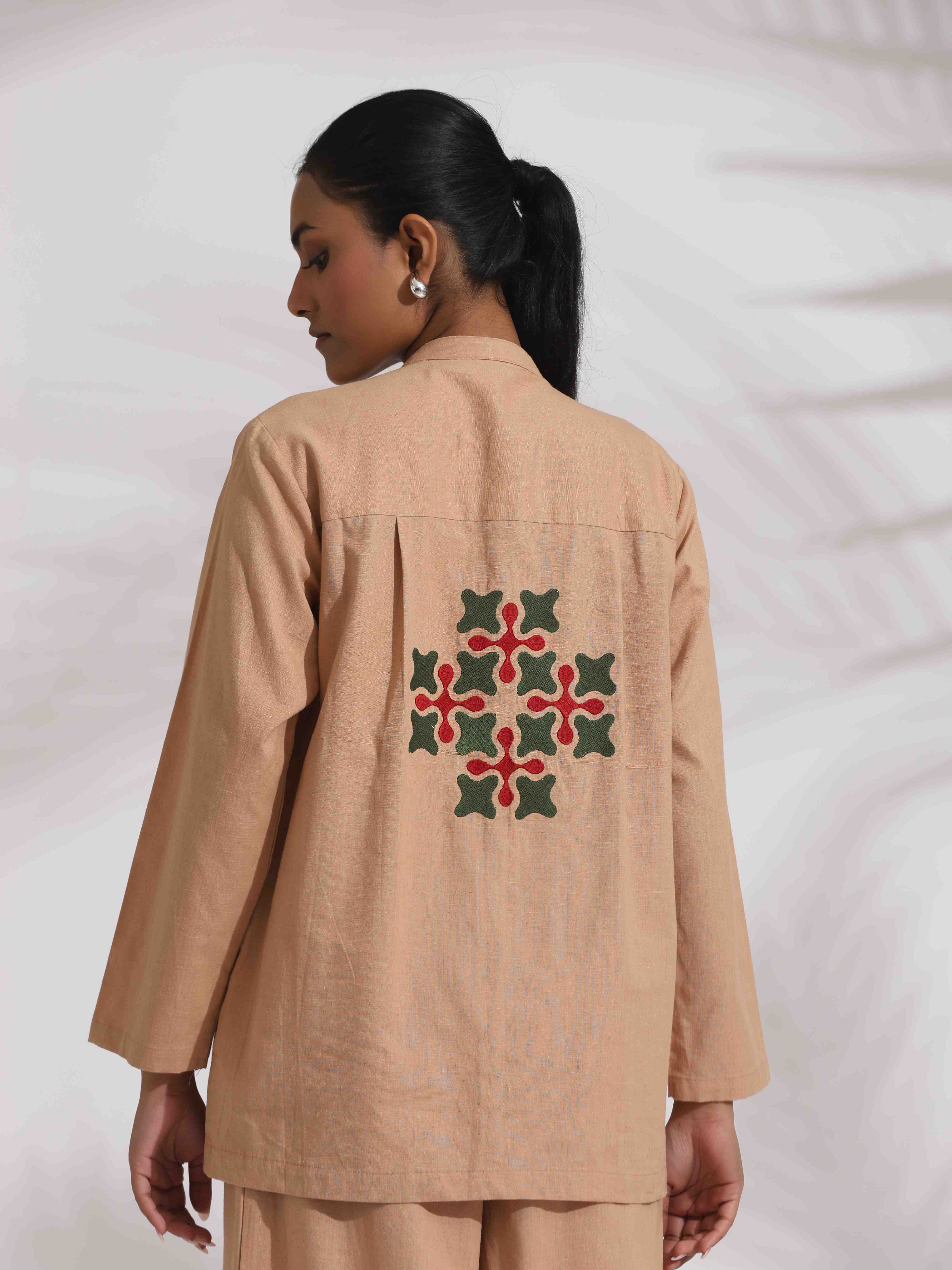 trueBrowns Beige Cotton Embroidered Shirt Top Co-ord Set - Distacart