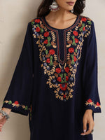 Thumbnail for trueBrowns Blue Kashmiri Embroidered Woollen Phiran Kurta - Distacart
