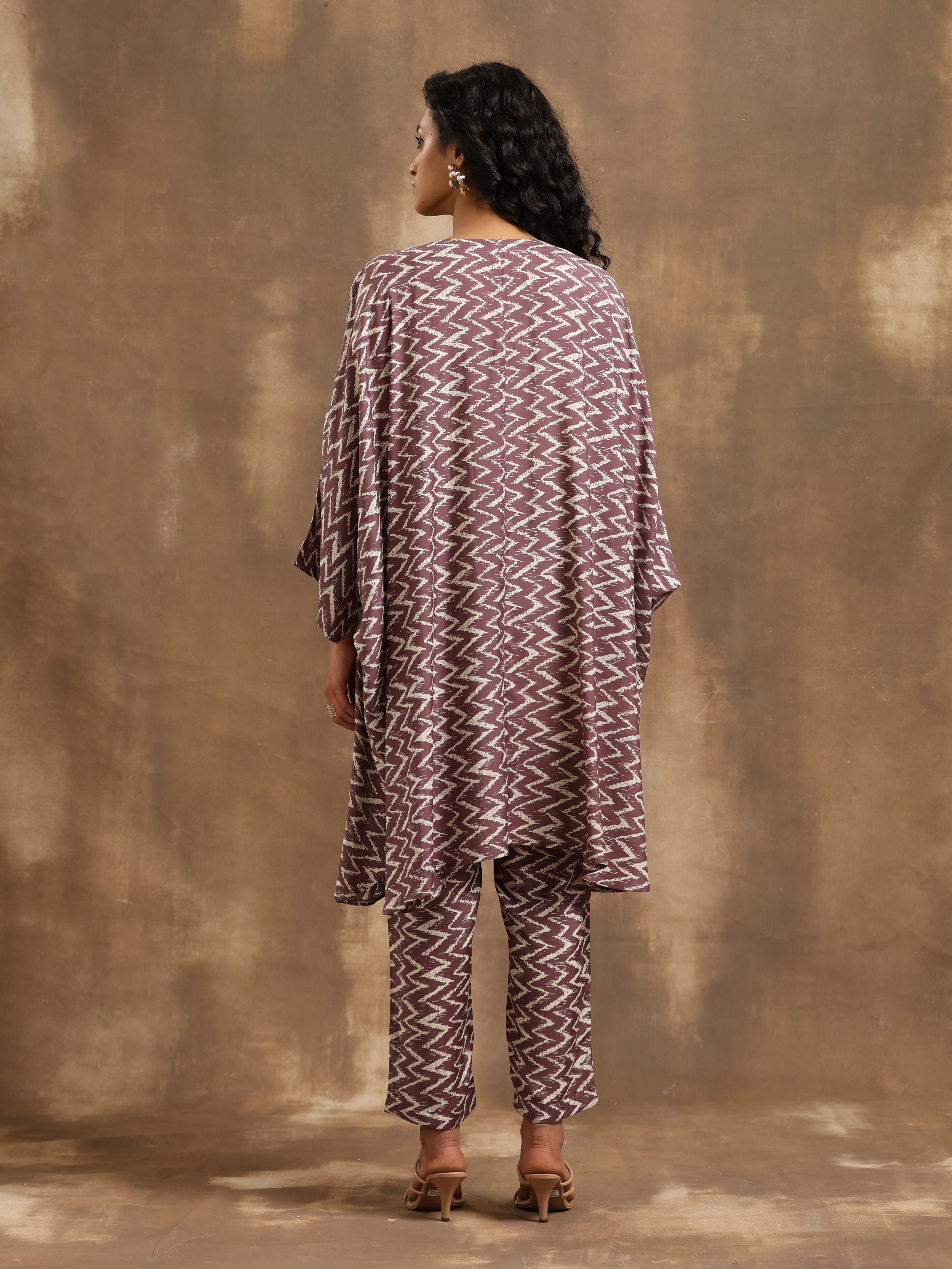 trueBrowns Dark Mauve Zig Zag Printed Silk Kaftan Co-Ord Set - Distacart