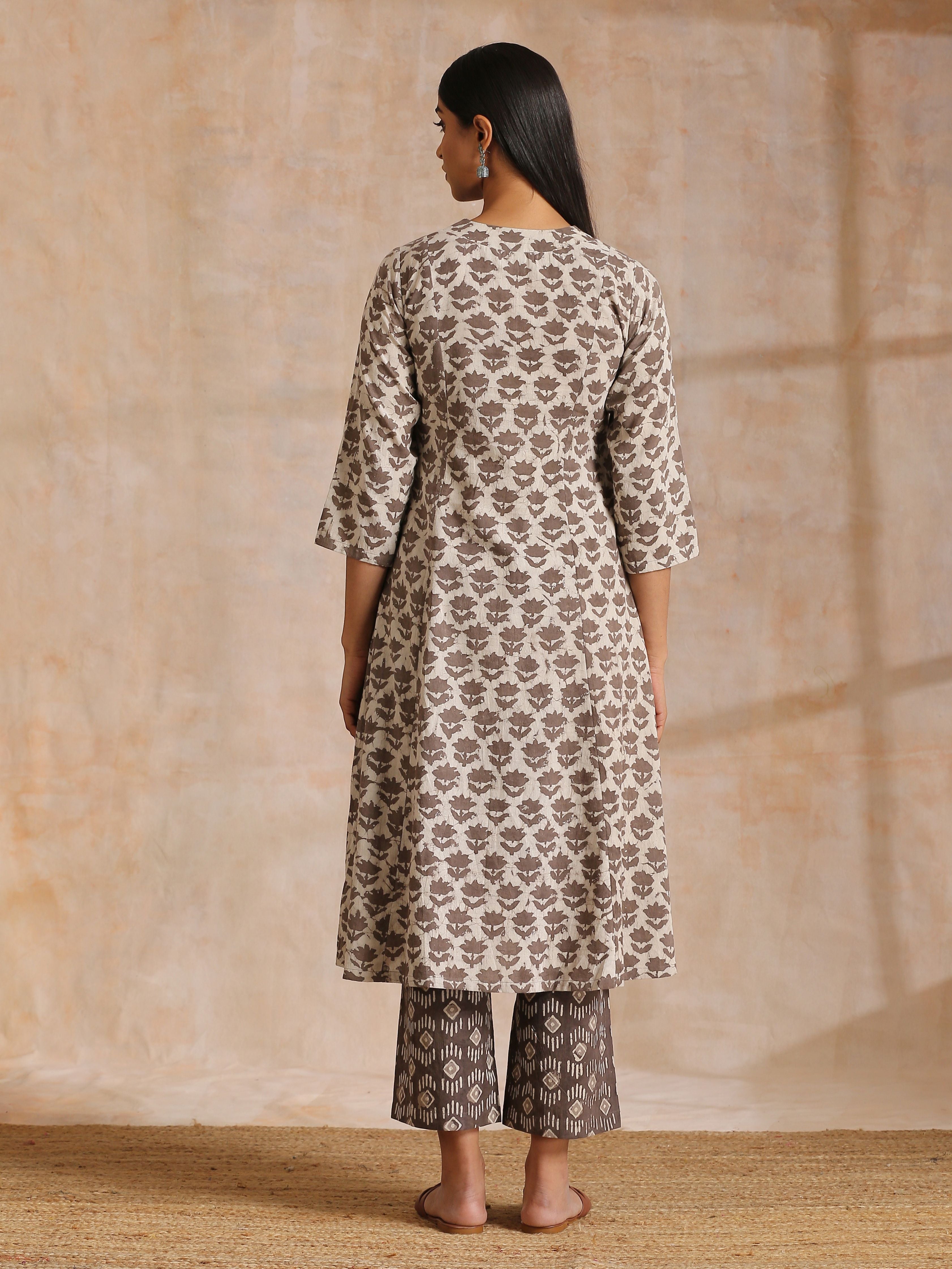 trueBrowns Clay Dabu Buta Print Cotton Front Neck Gathered Kurta Pant Set - Distacart