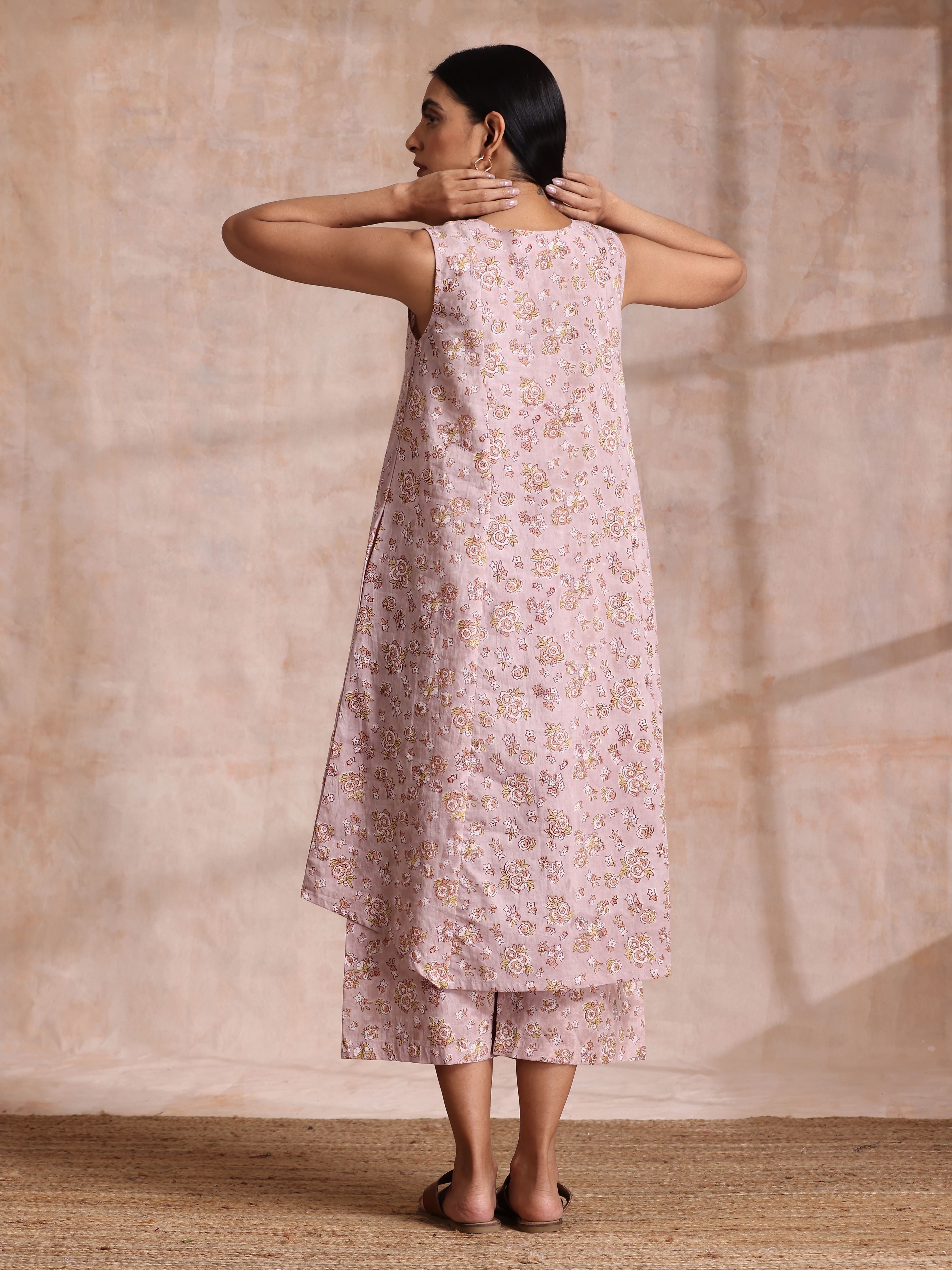 trueBrowns Grey Overall Floral Block Print Cotton High-Low Co-Ord Set - Distacart