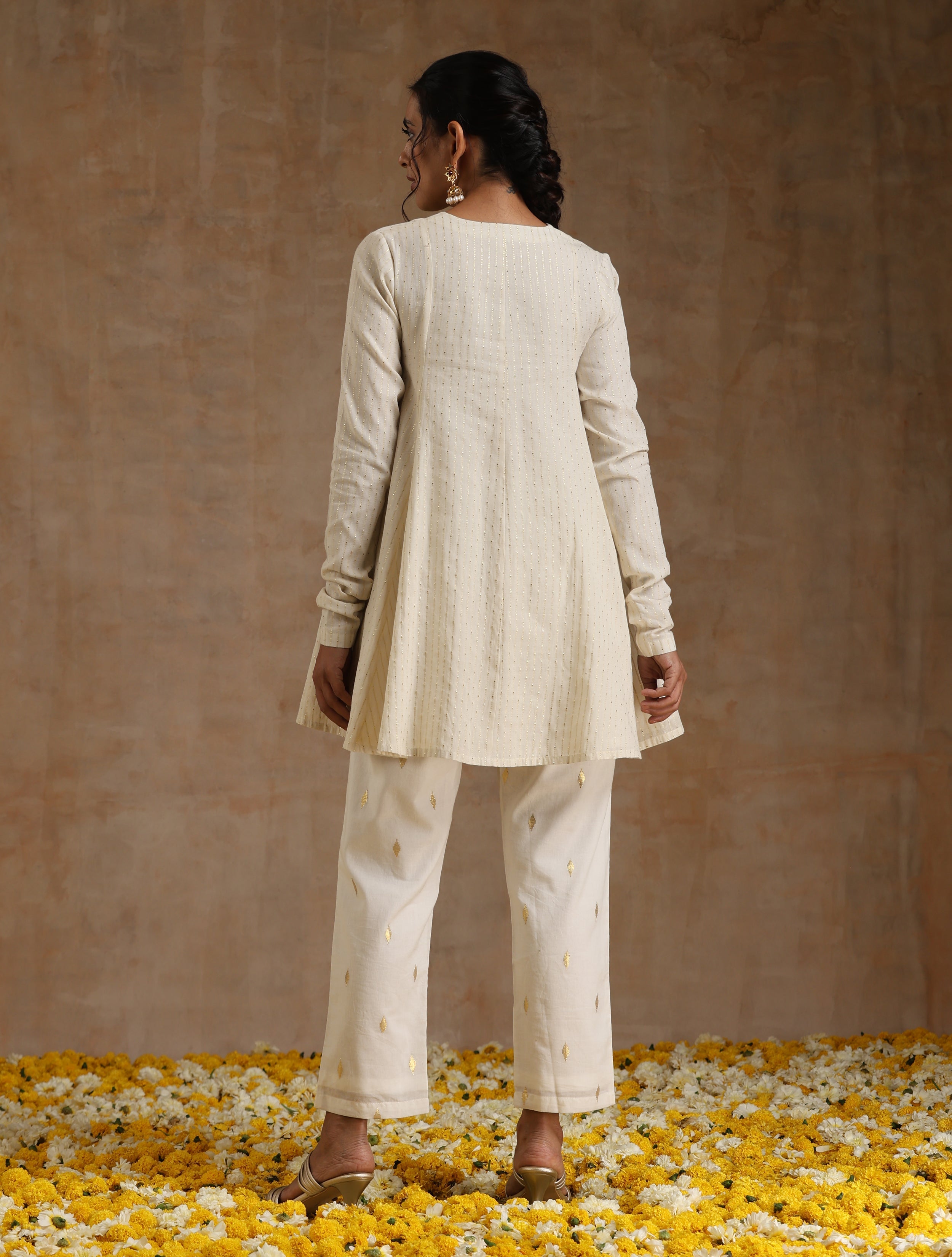 trueBrowns Ivory Gold Cotton Flared Co-Ord Set - Distacart