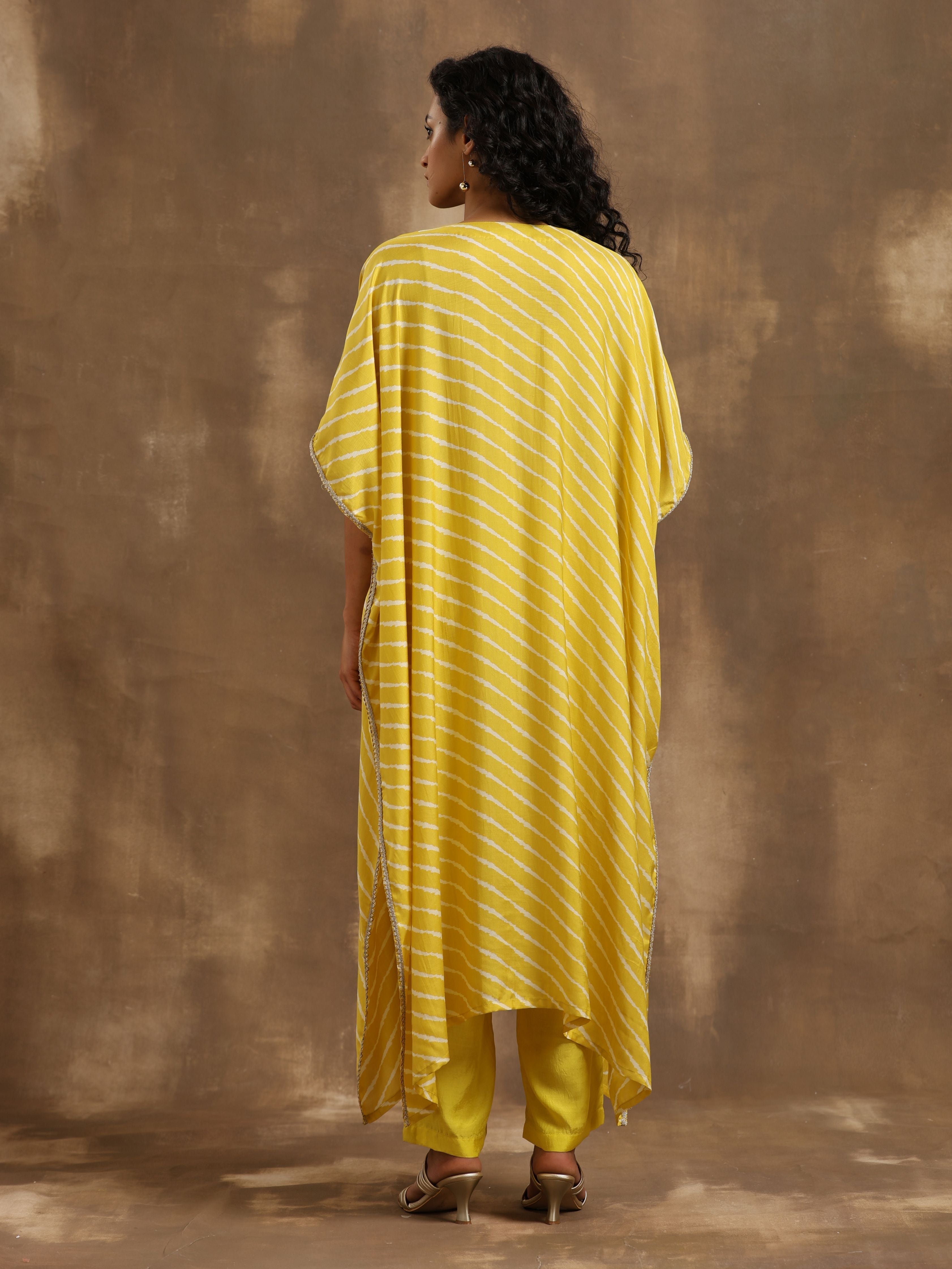 trueBrowns Lime Lehariya Printed Silk Kaftan Pant Set - Distacart