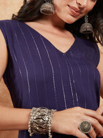 Thumbnail for InWeave Royal Blue Lurex V-Neck W/S Front Slit Kurta Pant Set - Distacart