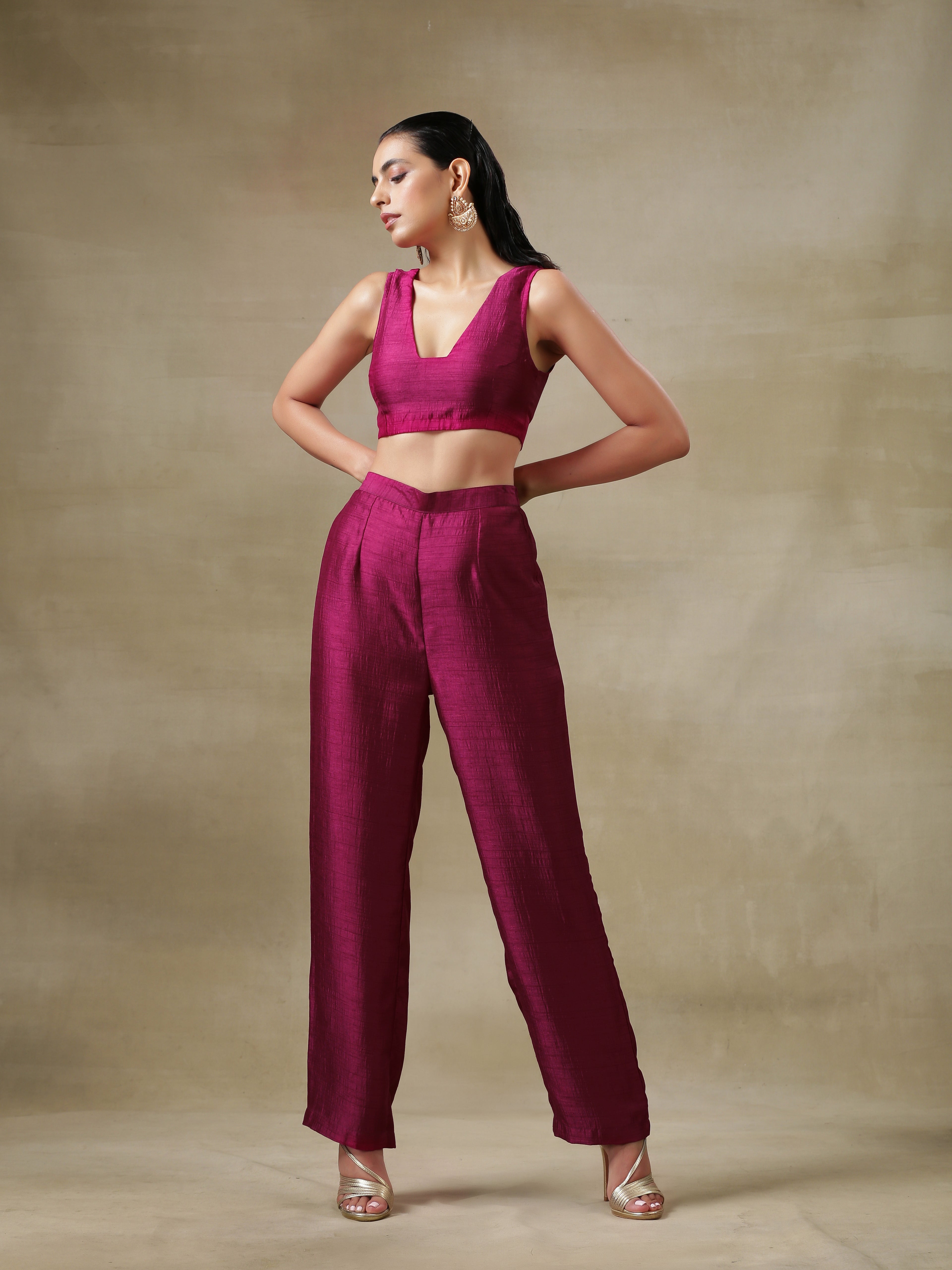 trueBrowns Purple Textured Silk Overlay Jacket Blouse Pant Set - Distacart