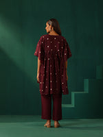 Thumbnail for trueBrowns Wine Diamond Viscose Silk Waist Sleeve Gathered Co-ord Set - Distacart