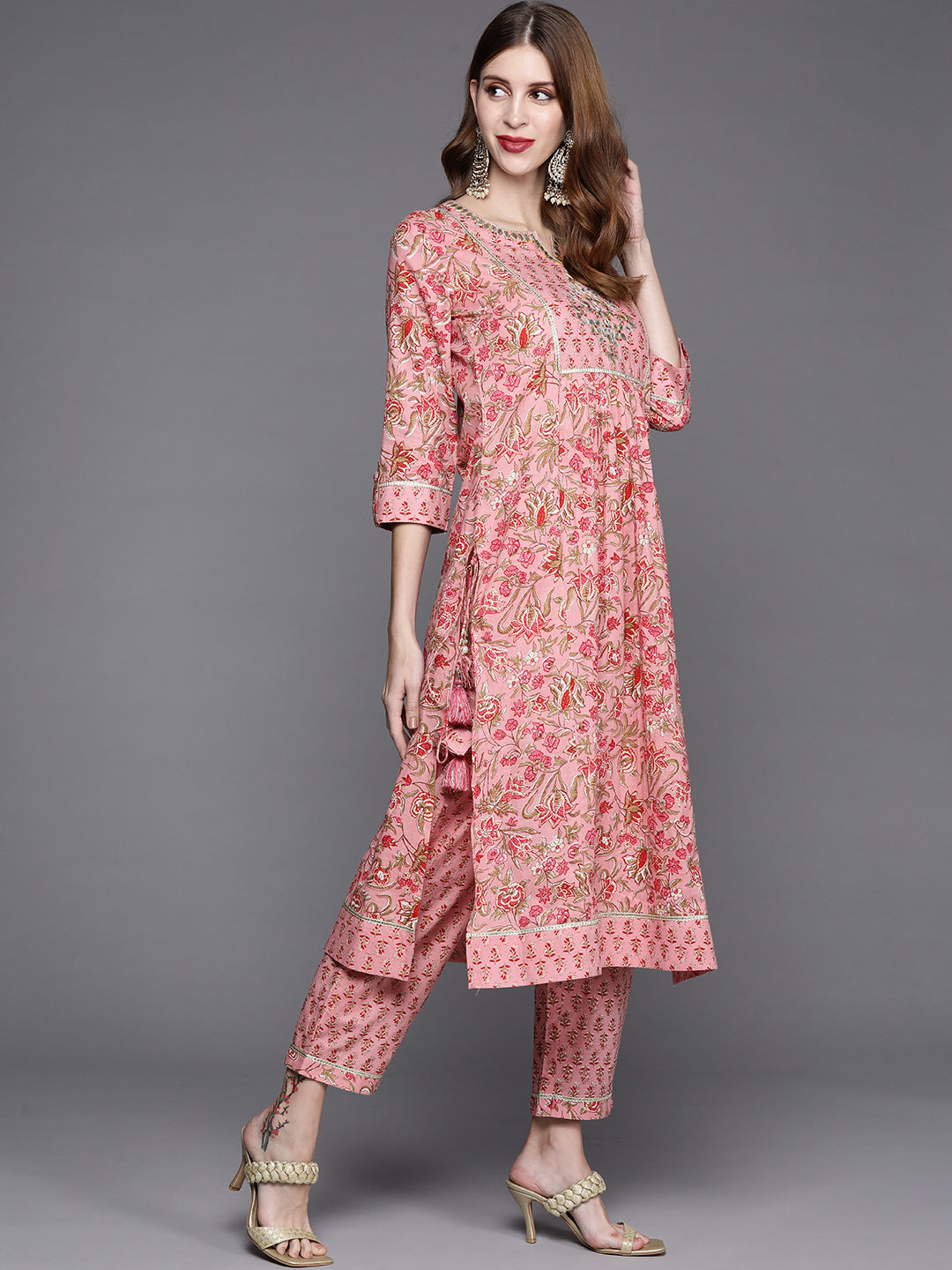 Varanga Floral Printed Embroidered Kurta With Straight Pant And Chiffon Dupatta