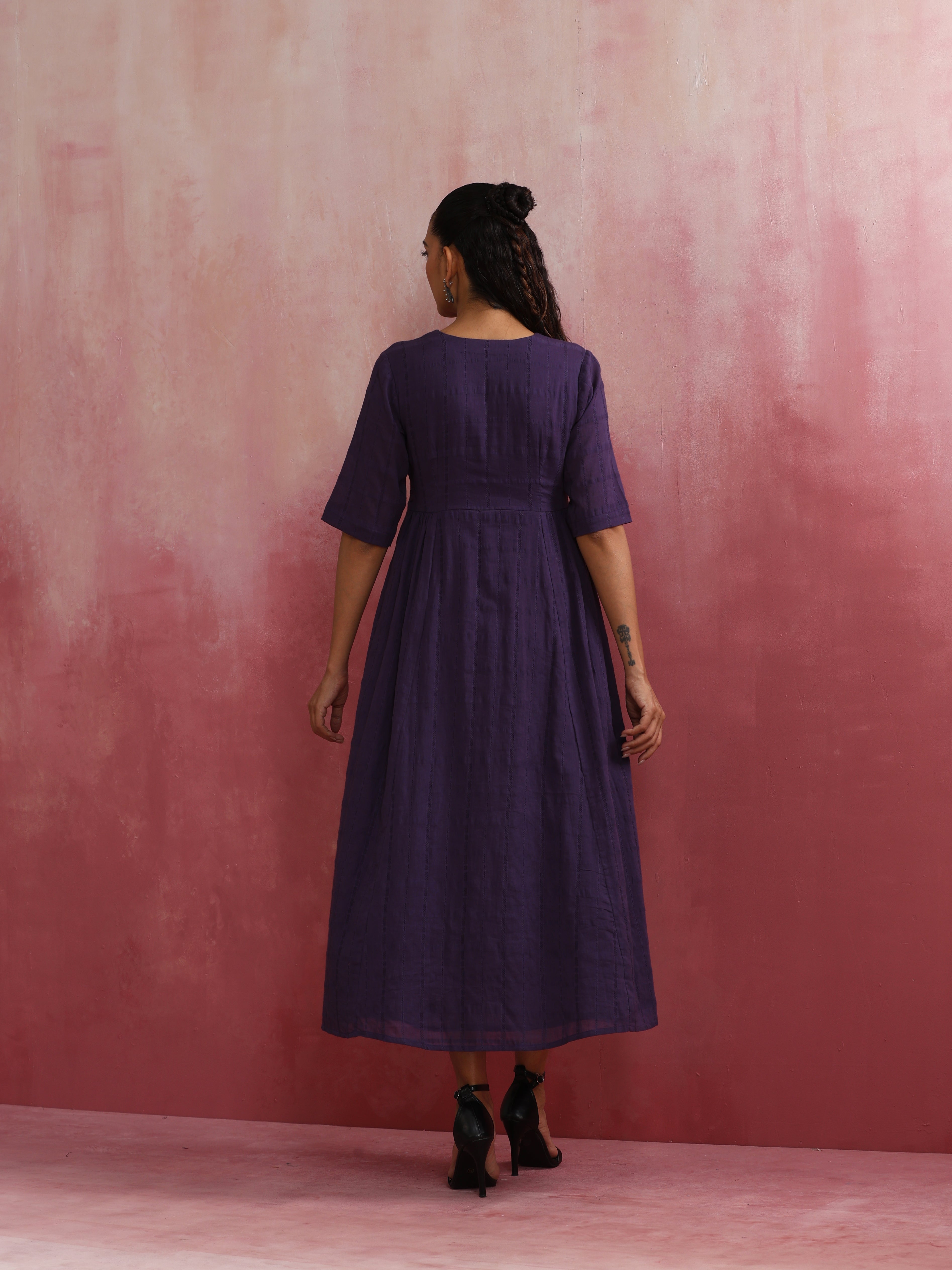 trueBrowns Purple Cotton Dobby Dress - Distacart