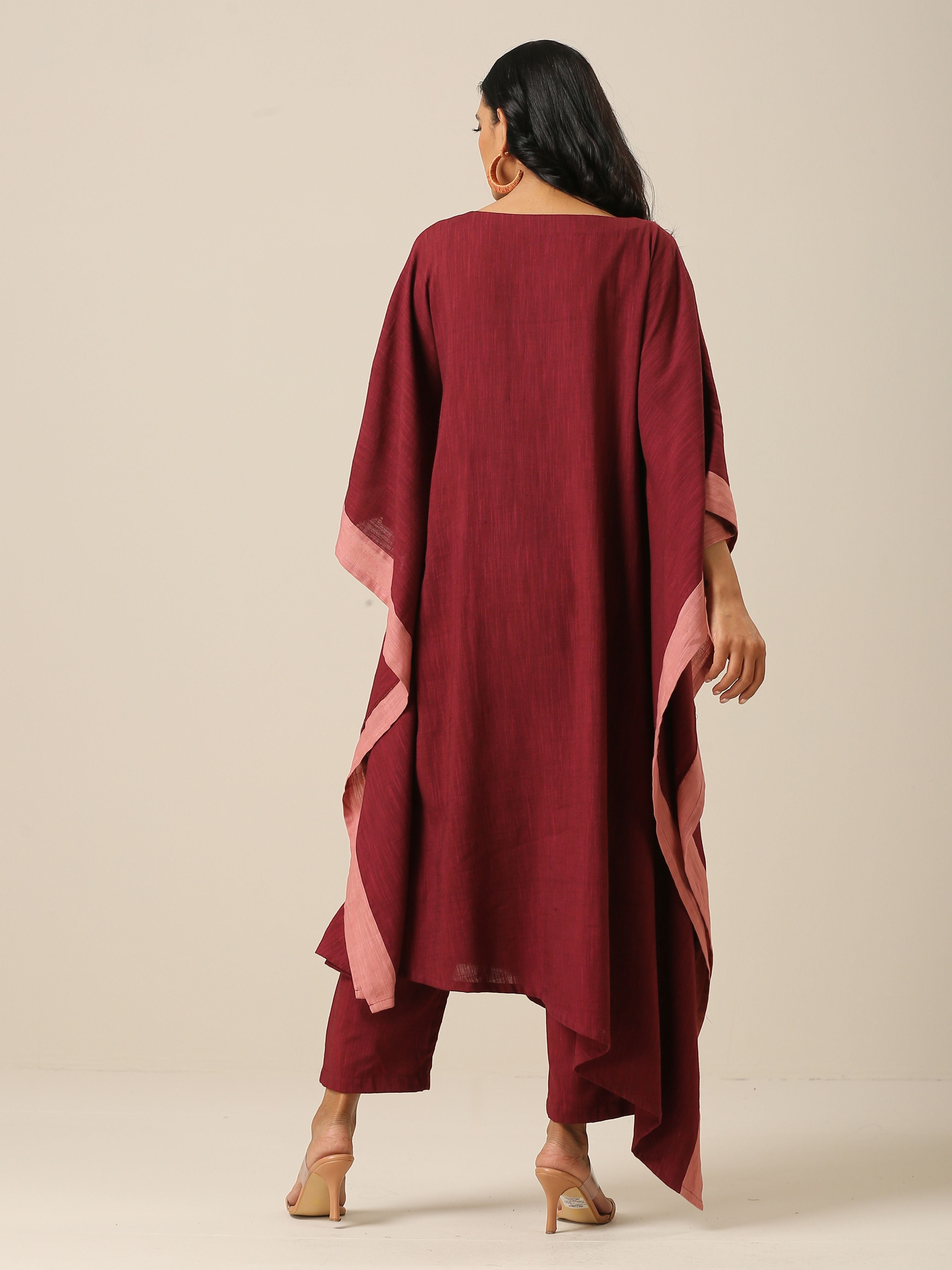trueBrowns Ruby Wine Slub Texture High Low Kaftan Pant Set - Distacart
