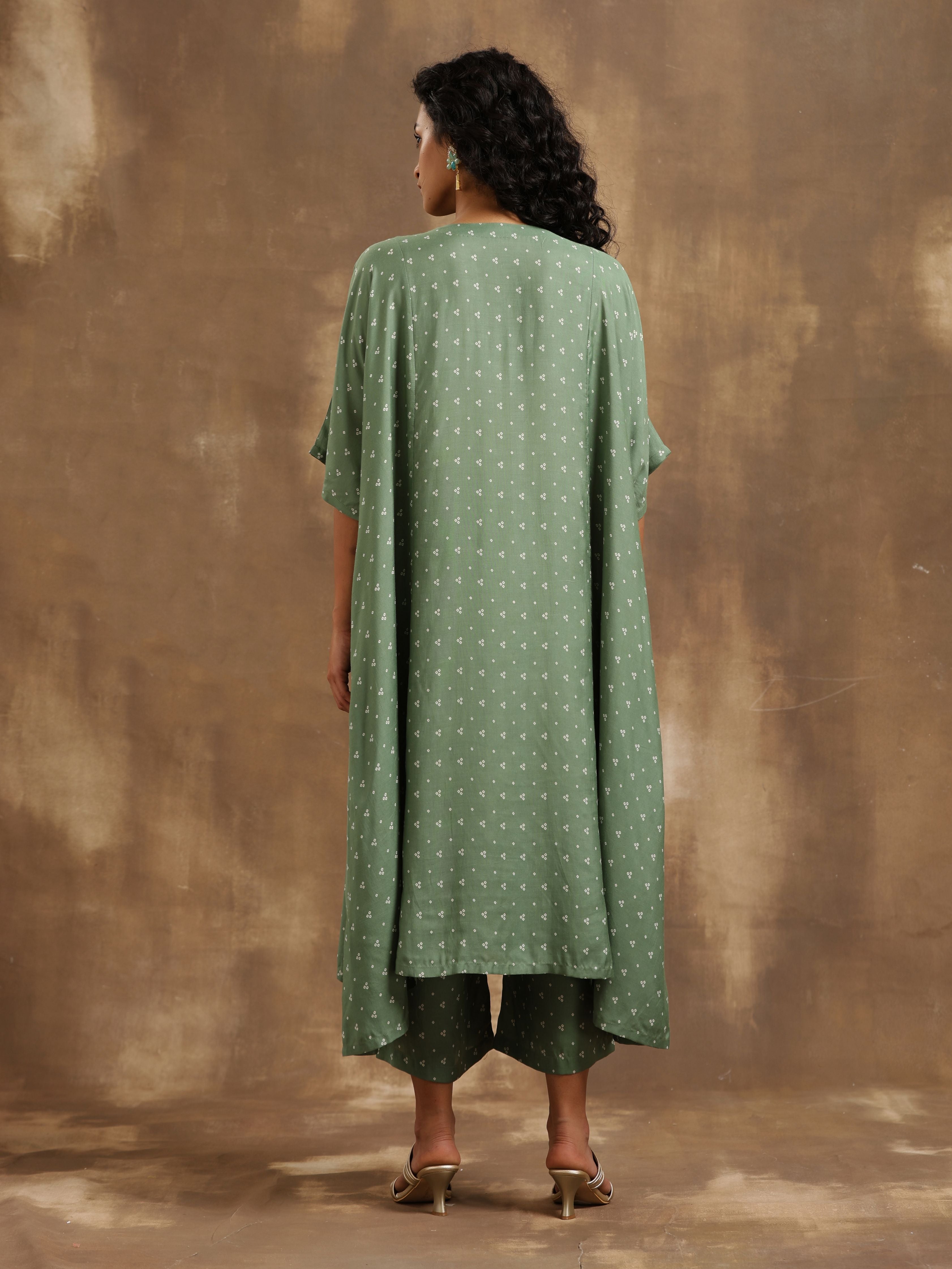 trueBrowns Light Green Bandhani Printed Silk Oversized Kurta Pant Set - Distacart