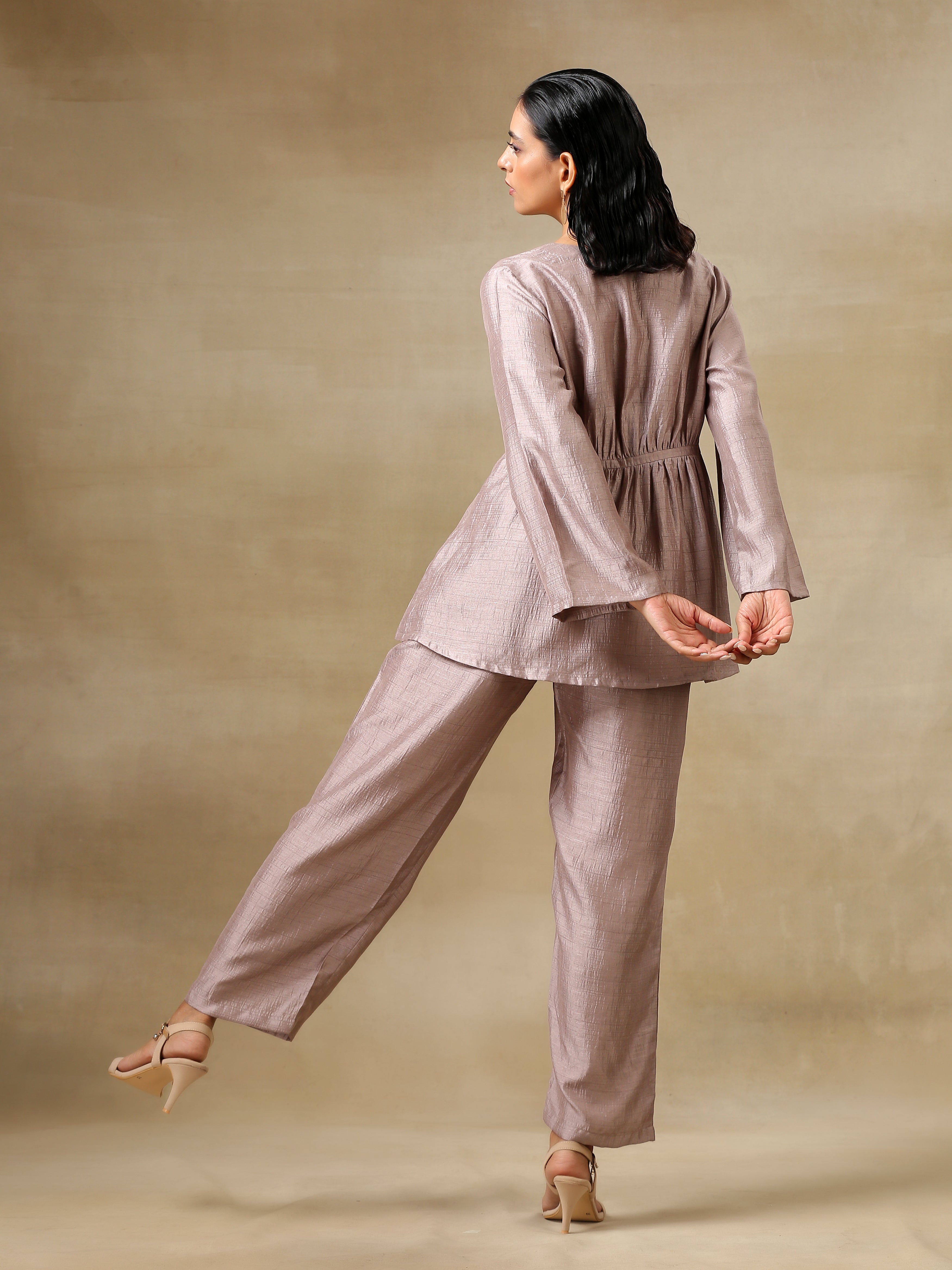 trueBrowns Grey Textured Silk Deep V-Neck Co-Ord Set - Distacart