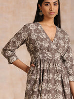 Thumbnail for trueBrowns Clay Dabu Overall Print Cotton Wrap Dress - Distacart