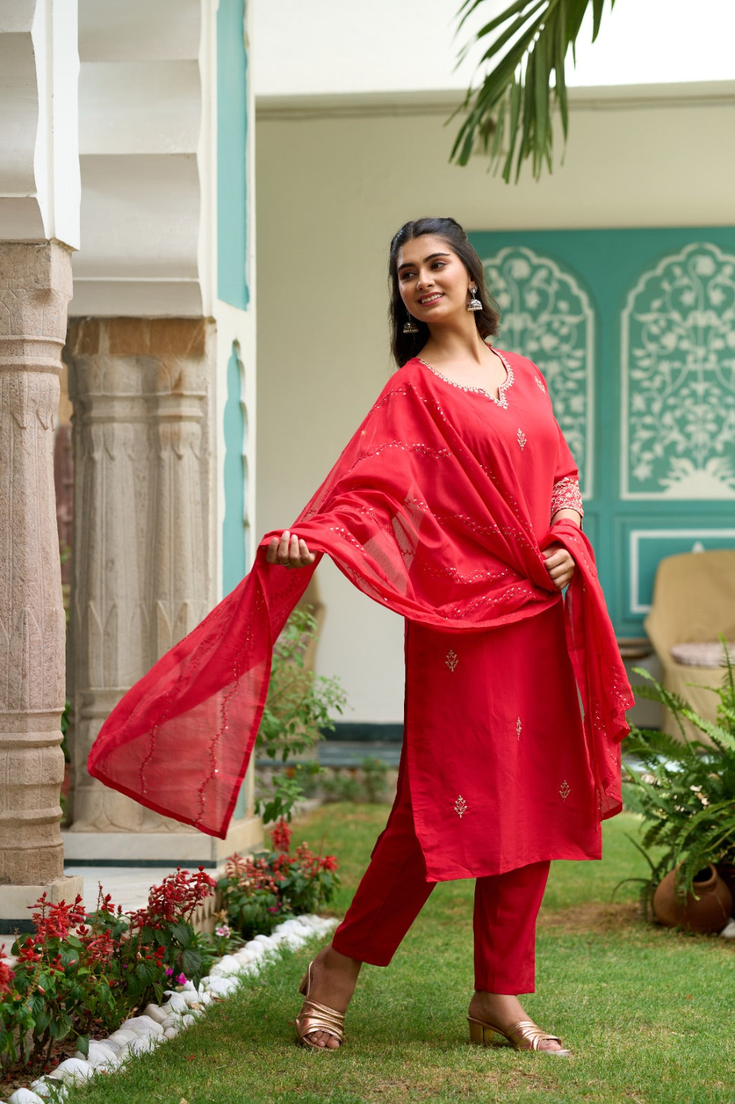 The52 Gajari Red Embroidered Chanderi Fabric Straight Kurta, Pant and Dupatta Set