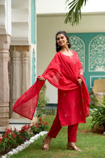 Thumbnail for The52 Gajari Red Embroidered Chanderi Fabric Straight Kurta, Pant and Dupatta Set