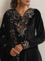 Thumbnail for trueBrowns Black Velvet Floral Embroidered Kurta Pant Dupatta Set - Distacart
