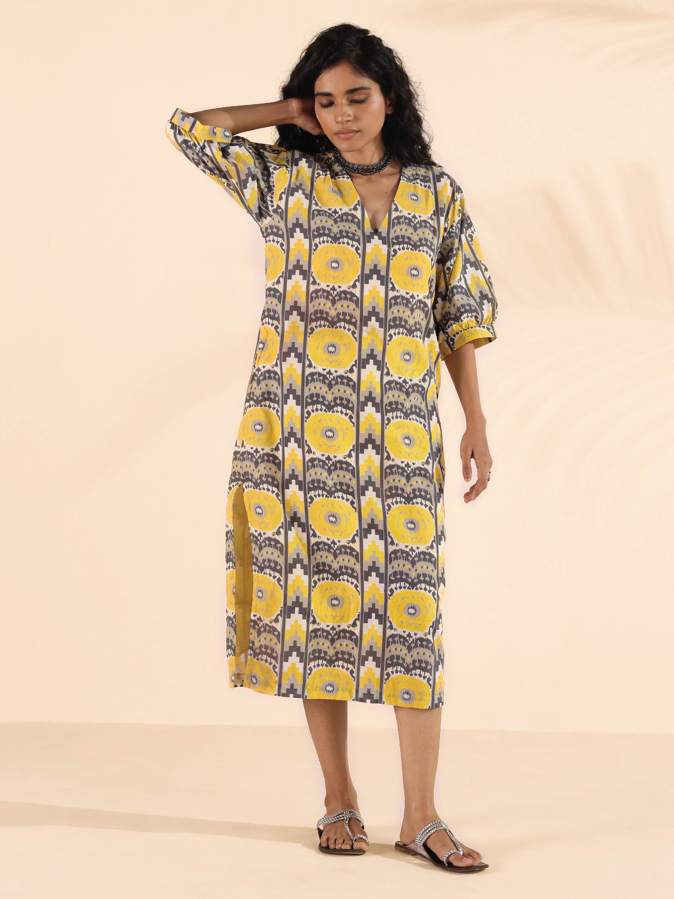 trueBrowns Yellow Cotton Ikat Slit Dress - Distacart