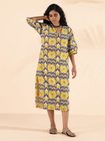 Thumbnail for trueBrowns Yellow Cotton Ikat Slit Dress - Distacart