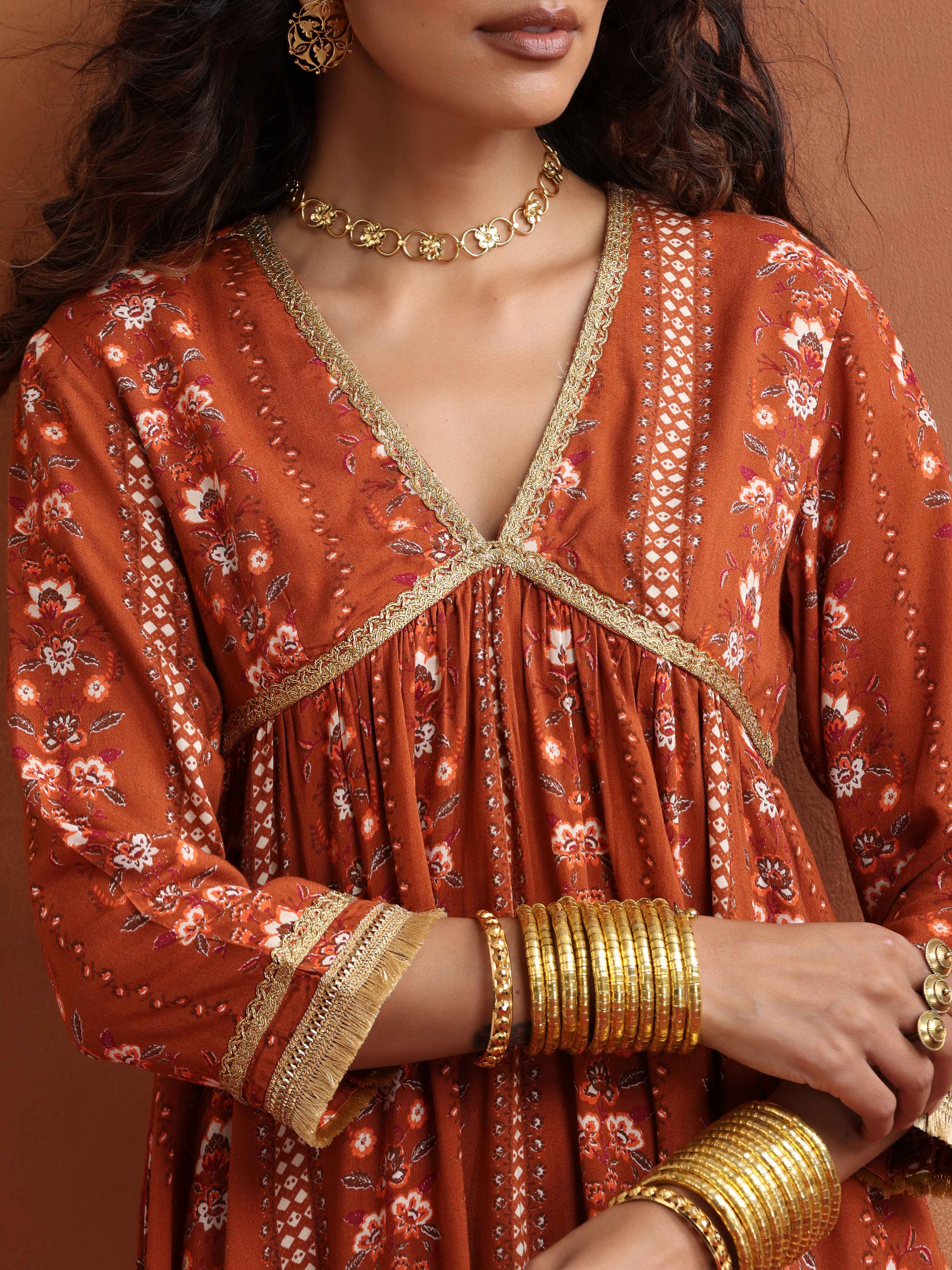 trueBrowns Orange Print Anarkali Kurta Co-ord Set - Distacart