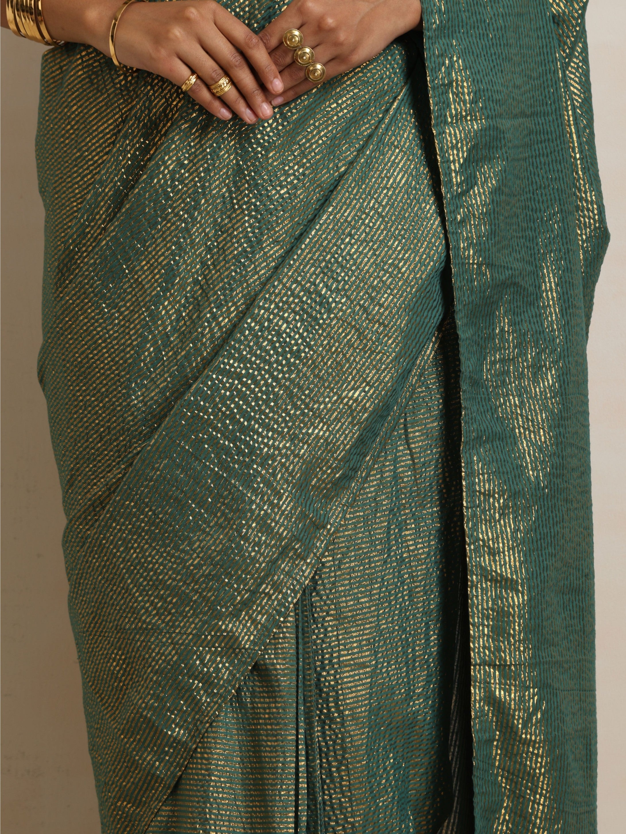 trueBrowns Dark Green Gold Lurex Ready To Wear Saree - Distacart
