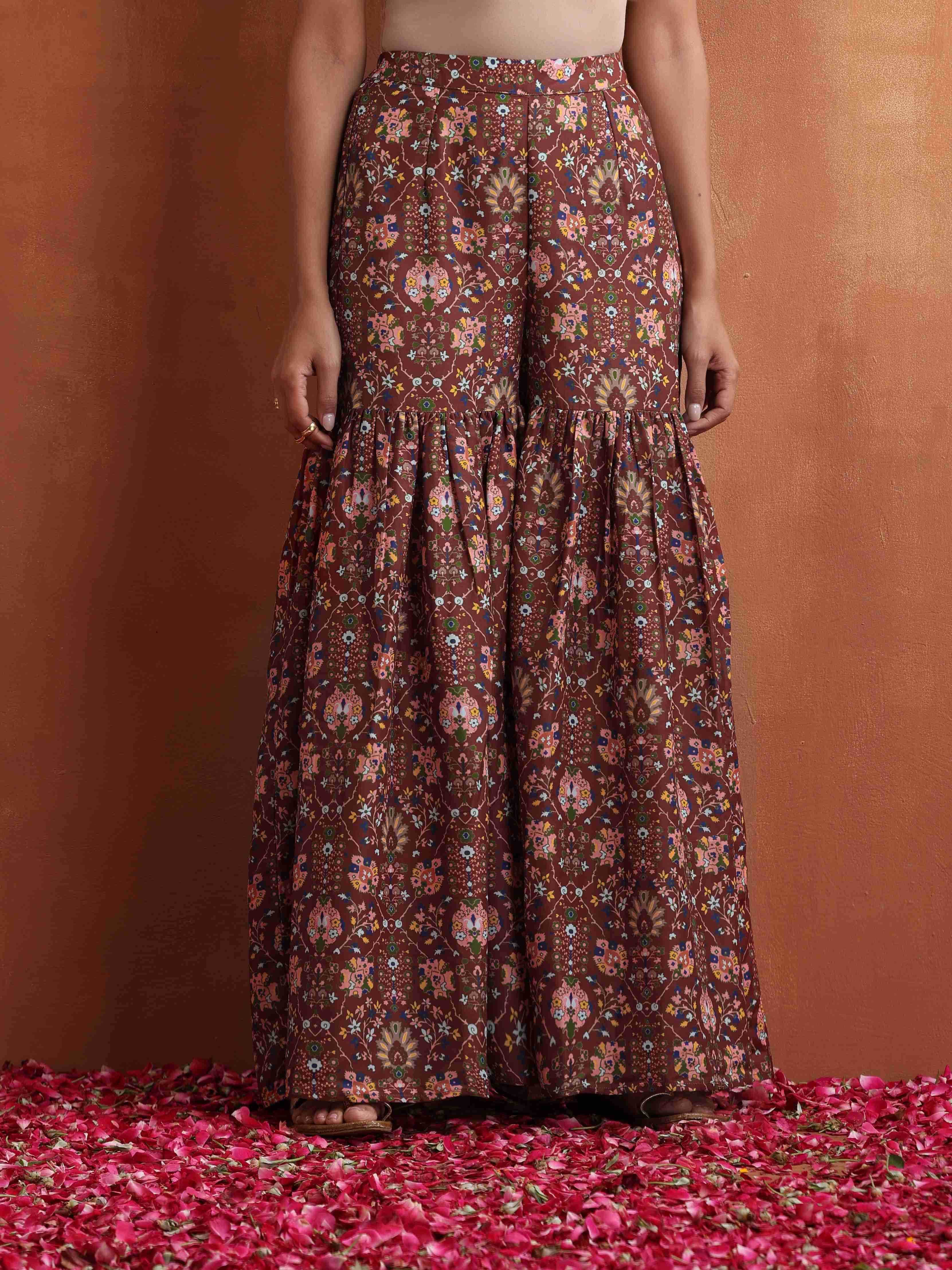 trueBrowns Brown Print Sharara Set - Distacart