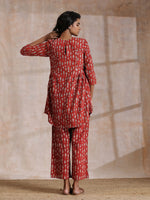 Thumbnail for trueBrowns Rust Red Bagru Fish Print Cotton Gathers Co-Ord Set - Distacart