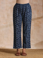 Thumbnail for trueBrowns Indigo Dabu Zig-Zag Lines Print Cotton Flared Kurta Pant Set - Distacart