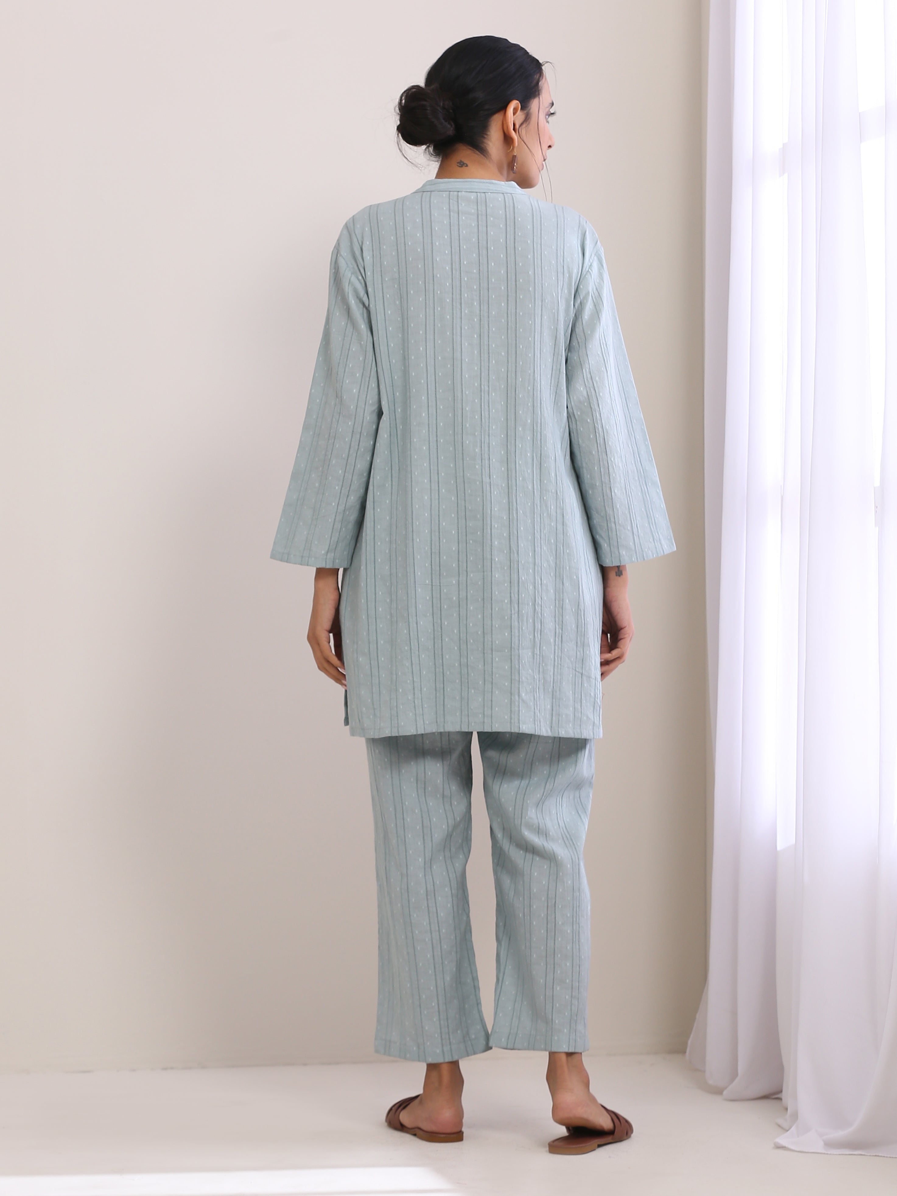 trueBrowns Eggshell Blue Dobby Relaxed Fit Co-Ord Set - Distacart