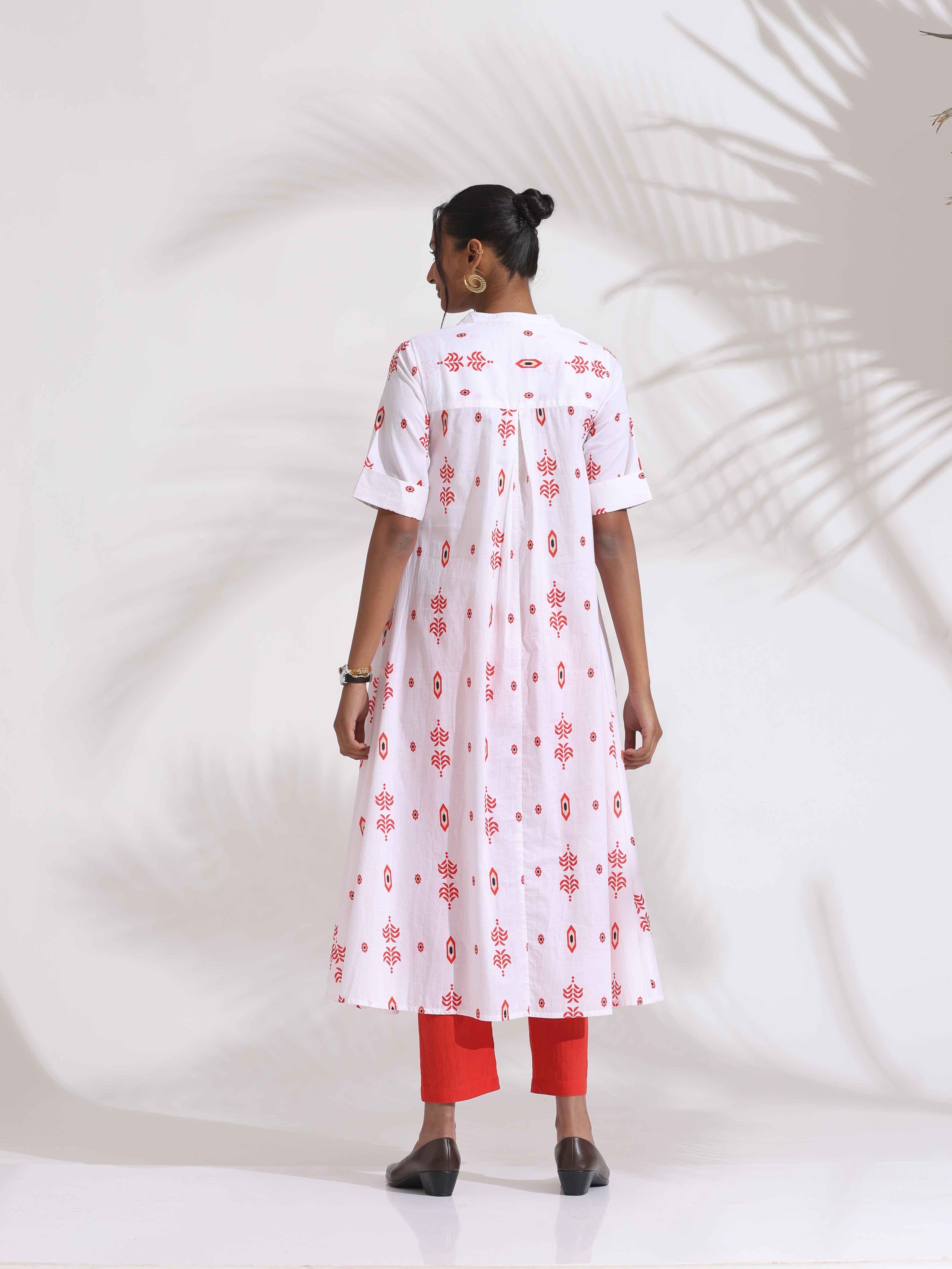 trueBrowns White Cotton Print Flared Kurta Set - Distacart