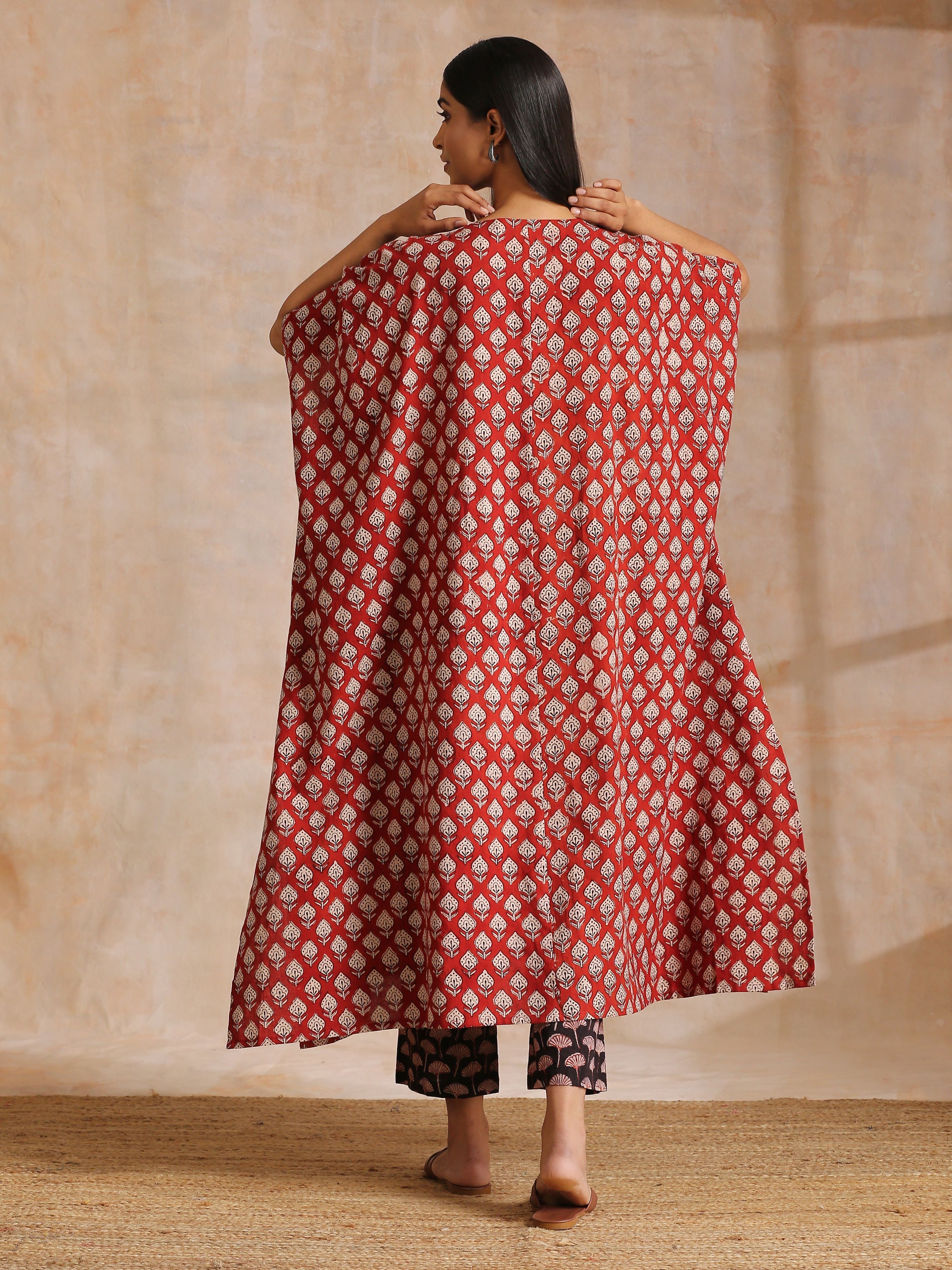 trueBrowns Rust Red Bagru Floral Print Cotton Panel Kaftan Kurta Pant Set - Distacart