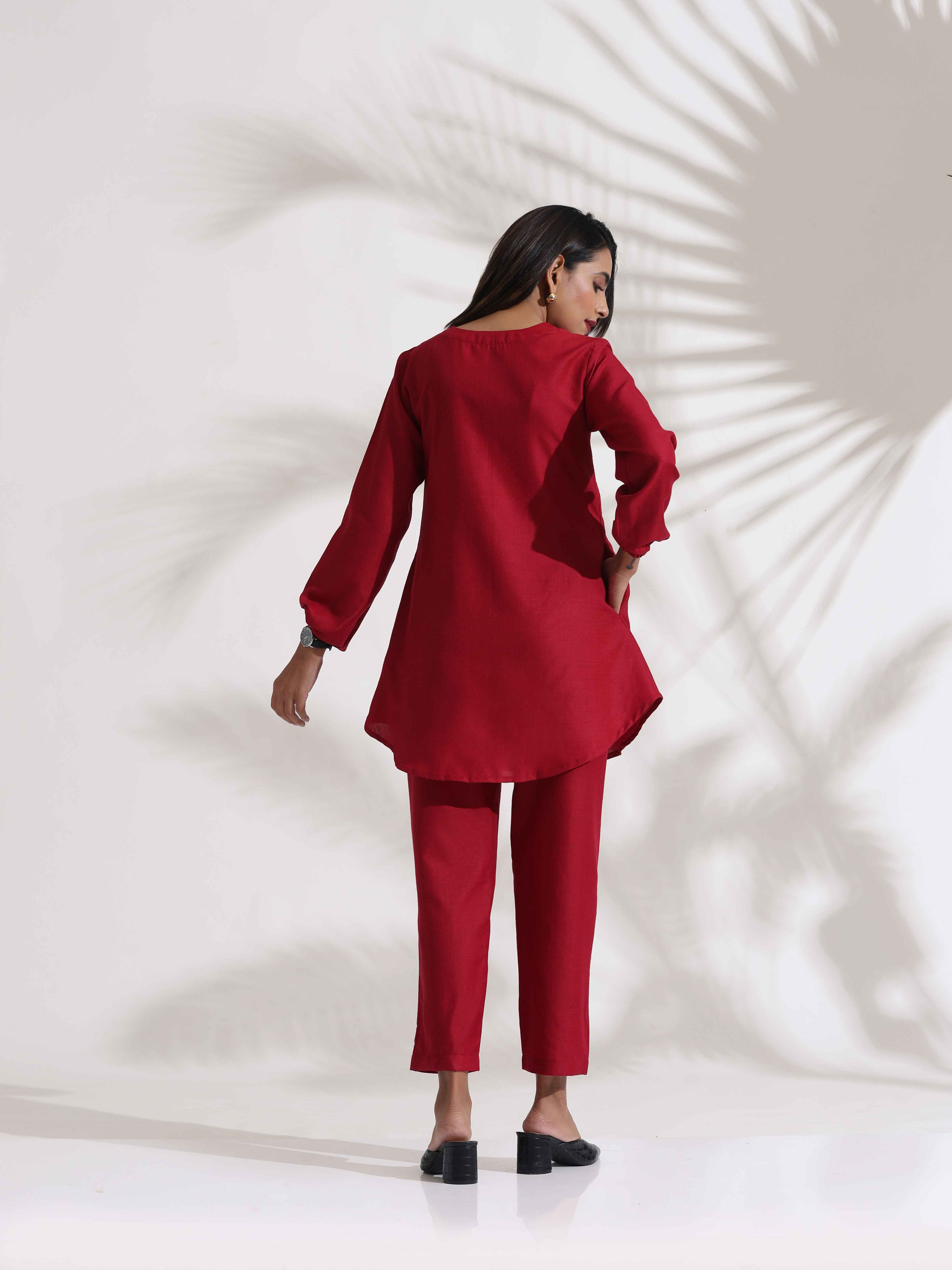 trueBrowns Maroon Slub Co-ord Set - Distacart