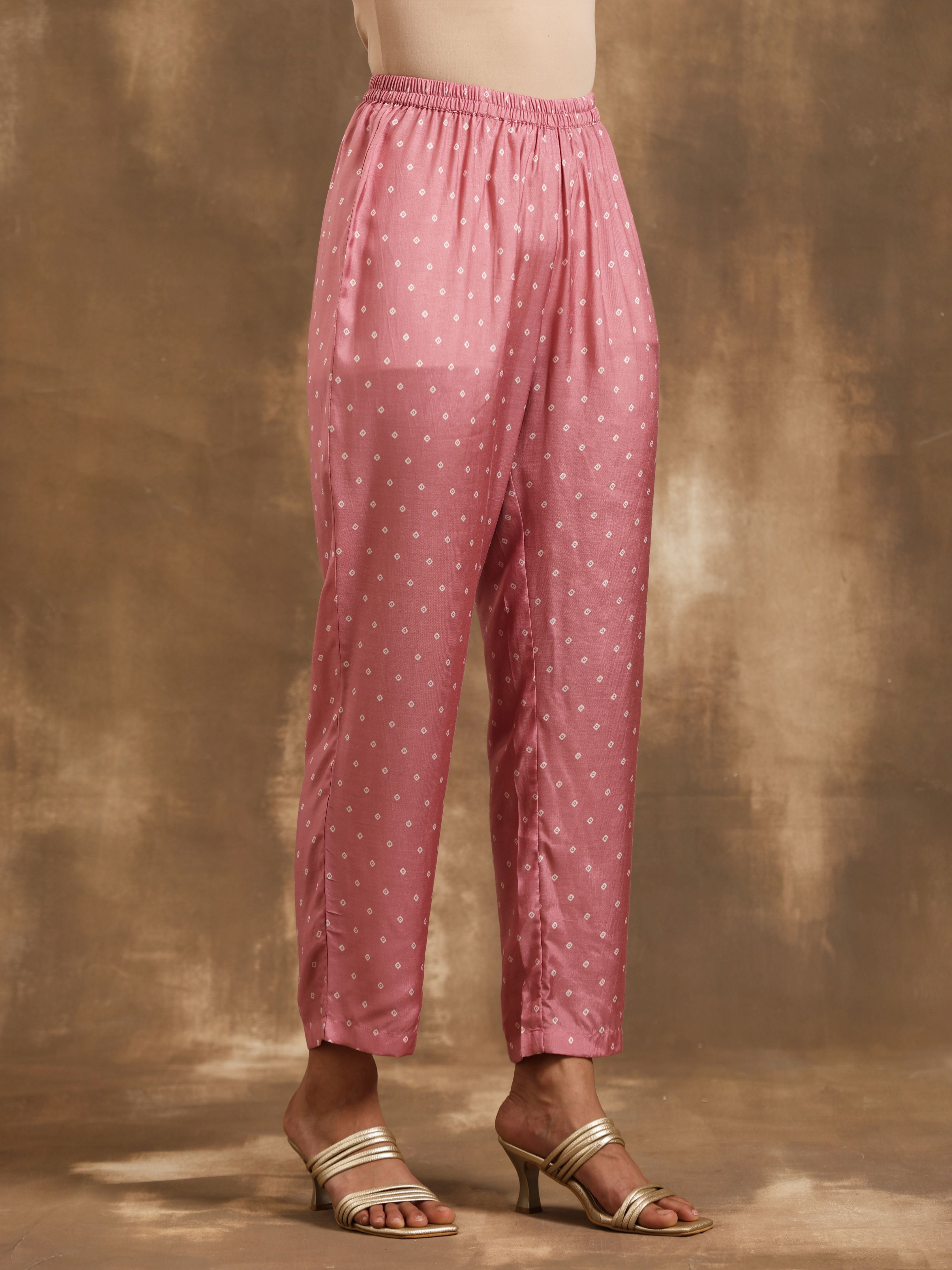 trueBrowns Light Mauve Bandhani Printed Silk Kurta Pant Set - Distacart