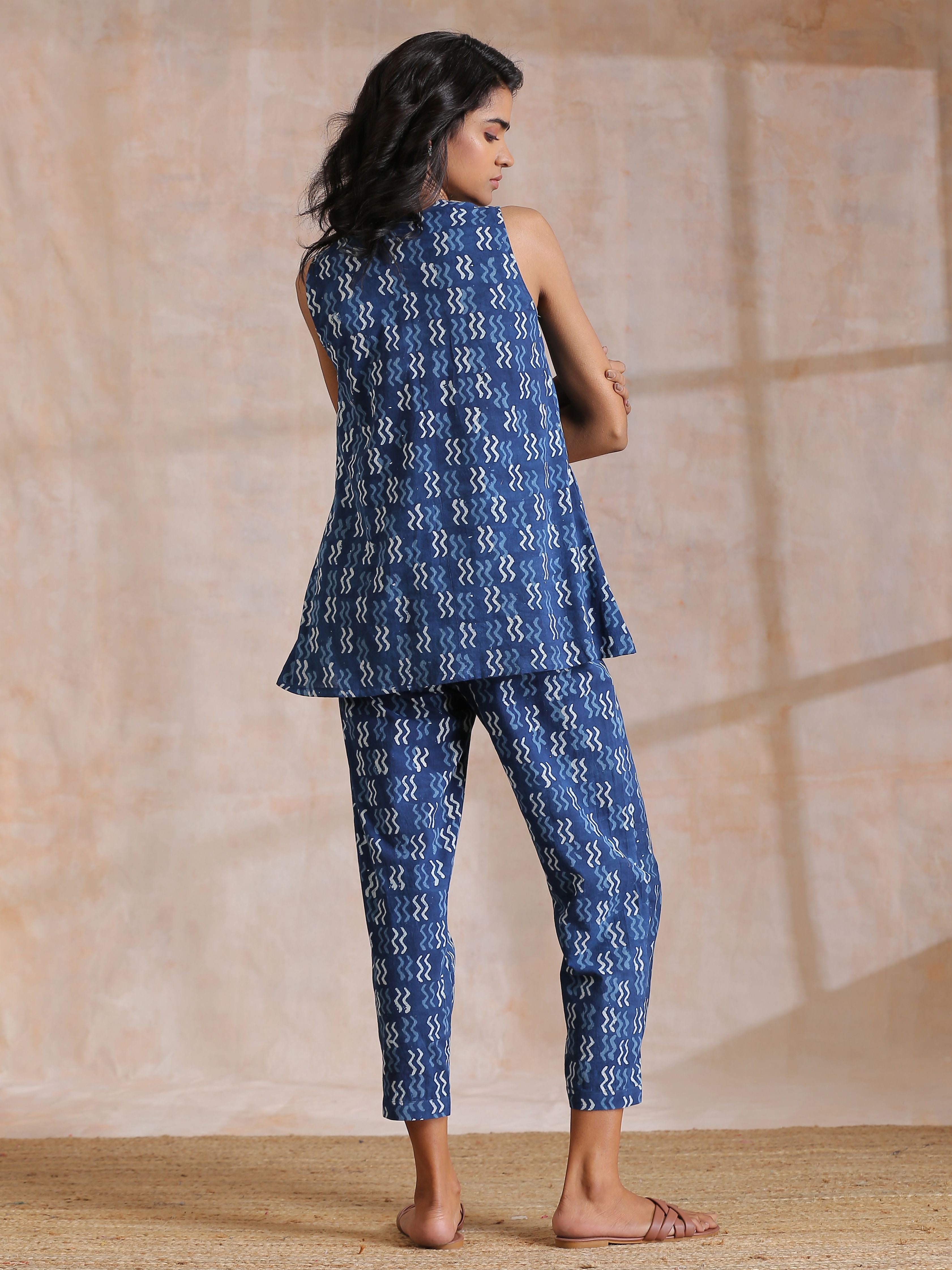 trueBrowns Indigo Dabu Zig-Zag Motifs Print Cotton Sleeveless Co-Ord Set - Distacart